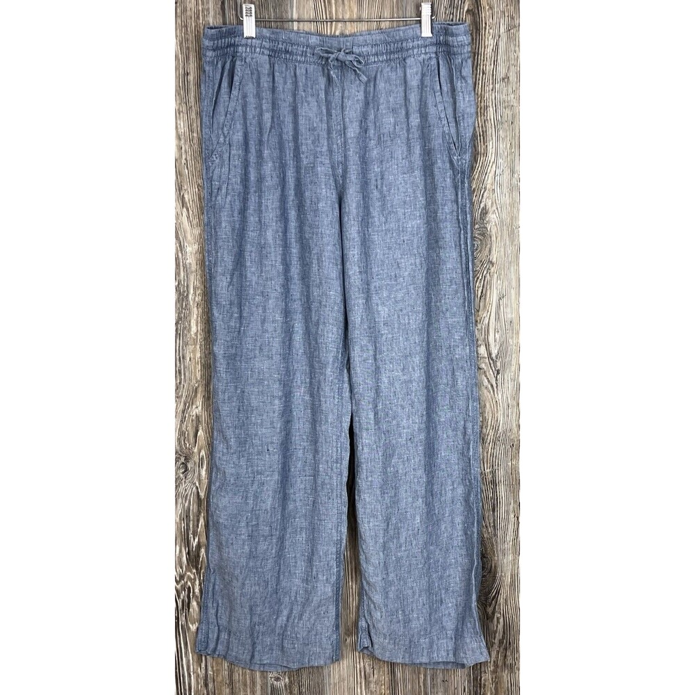 LL Bean‎ Linen Pants Womens 14 Chambray Pull On Wide Leg Beach Coastal Casual